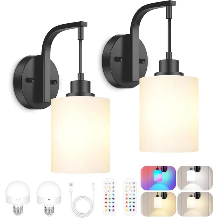 Latitude Run® Battery Operated Wall Sconce Set Of 2, Wireless Rechargeable Wall Lights, Glass Wall Lamps With Remotes And Dimmable RGB LED Bulbs, No Wiring Indoor Sconces Wall Decor For Bedroom Living Room Hallway