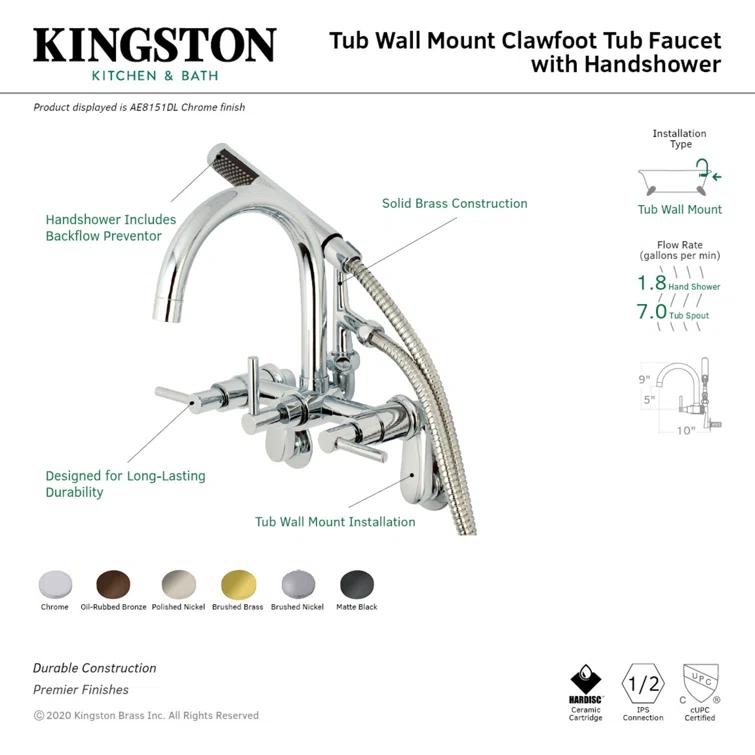 Kingston Brass AE8157DL Kingston Brass Concord Three-Handle 2-Hole Tub Wall Mount Clawfoot Tub Faucet with Hand Shower