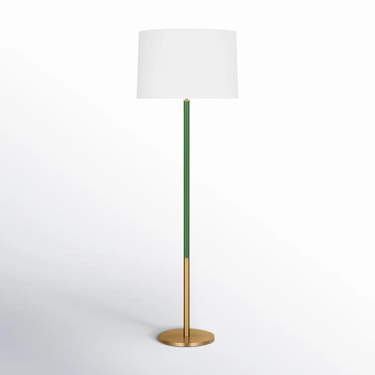 Burnished Brass and Green Floor Lamp with White Linen Shade