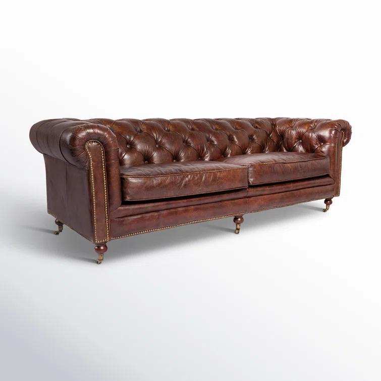 Idalia 87" Genuine Leather Rolled Arm Chesterfield Sofa with Reversible Cushions