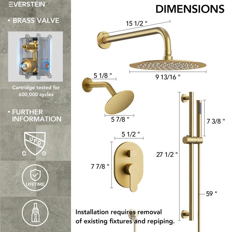 DualJetSpa 3-Function Round 10" & 6" Dual Shower Faucet System with Pressure Balancing Rough-In Valve