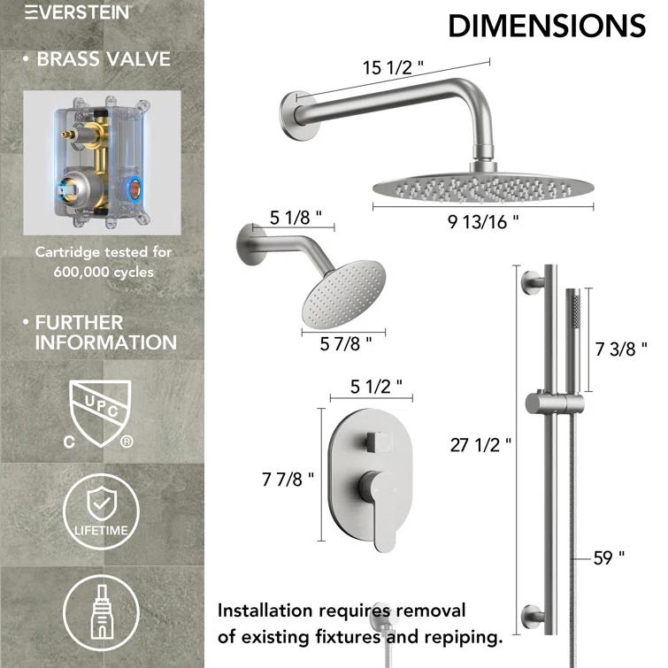 DualJetSpa 3-Function Round 10" & 6" Dual Shower Faucet System with Pressure Balancing Rough-In Valve