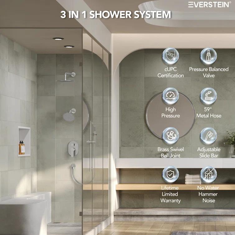 DualJetSpa 3-Function Round 10" & 6" Dual Shower Faucet System with Pressure Balancing Rough-In Valve