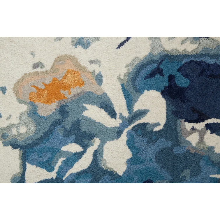 Handmade Blue Floral Wool and Viscose 9' x 12' Area Rug