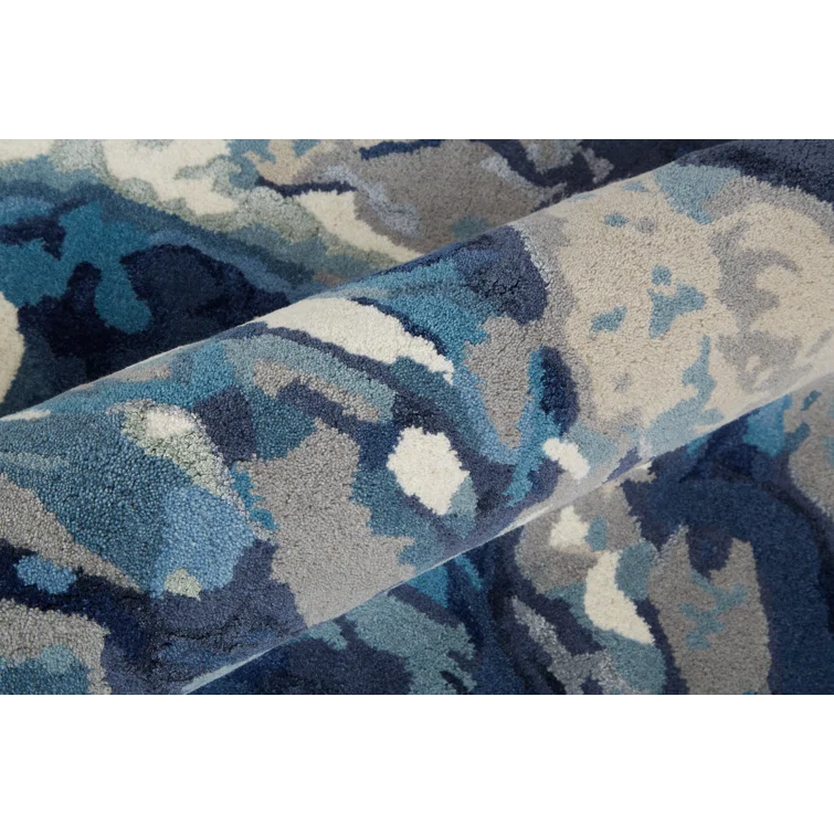 Handmade Blue Floral Wool and Viscose 9' x 12' Area Rug