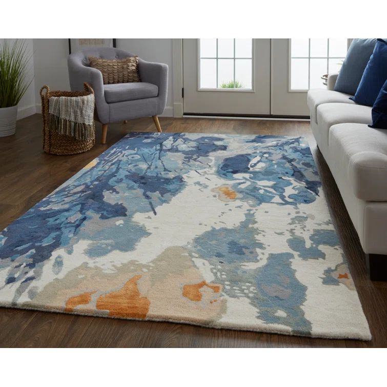 Handmade Blue Floral Wool and Viscose 9' x 12' Area Rug