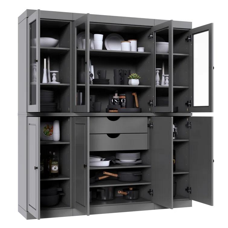 Pulcova 100% Solid Wood 65" Pantry Cabinet with Solid, Clear Glass Doors, 2-Drawers and Adjustable Shelves