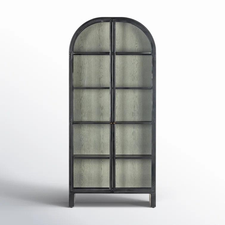 Tall Black Iron and Vintage White Oak Arched Display Cabinet