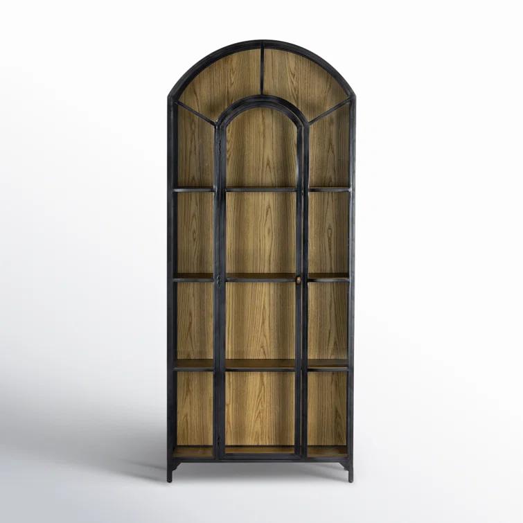 Tall Black Iron and Oak Arched Bookcase Cabinet