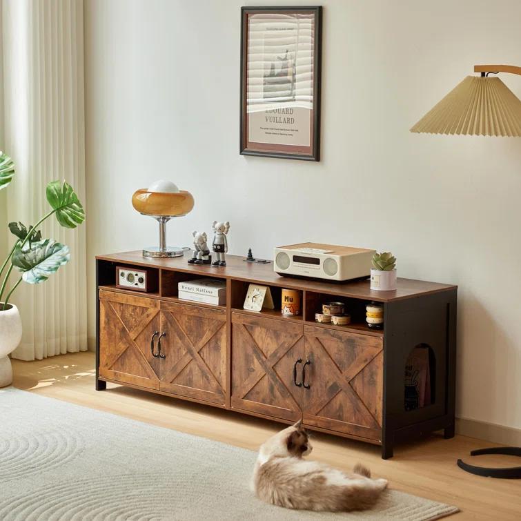63"W TV Stand Furniture & Hidden Litter Box Enclosure & Double Litter Box For 2 Cats, Farmhouse Inclosed Litter Boxes For Cats with Outlet Power