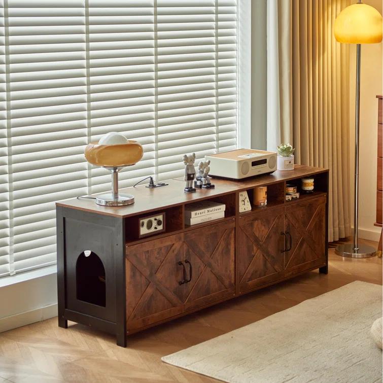 63"W TV Stand Furniture & Hidden Litter Box Enclosure & Double Litter Box For 2 Cats, Farmhouse Inclosed Litter Boxes For Cats with Outlet Power