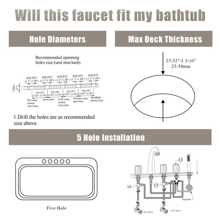 3 Handles Deck Mount Roman Tub Faucet With Hand Shower