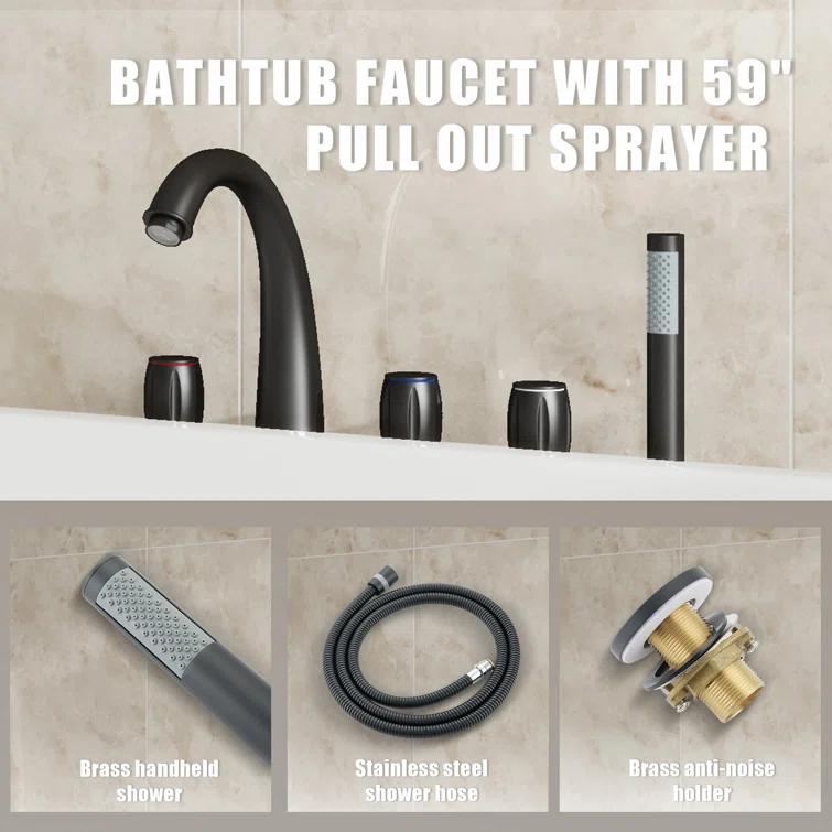 3 Handles Deck Mount Roman Tub Faucet With Hand Shower