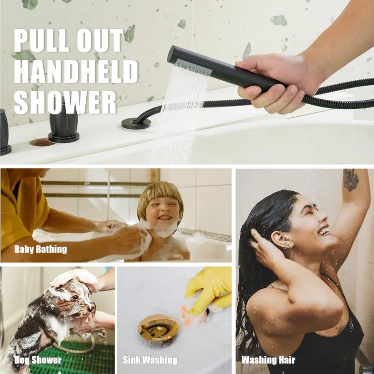 3 Handles Deck Mount Roman Tub Faucet With Hand Shower