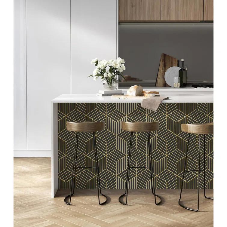 Wallpaper Black And Gold Peel And Stick Wallpaper Geometric Striped Hexagon Wallpaper Removable Self Adhesive Wall Paper Waterproof Vinyl Contact Paper For Cabinets Shelf Drawer 15.7"X78.7"