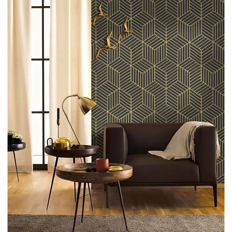 Wallpaper Black And Gold Peel And Stick Wallpaper Geometric Striped Hexagon Wallpaper Removable Self Adhesive Wall Paper Waterproof Vinyl Contact Paper For Cabinets Shelf Drawer 15.7"X78.7"