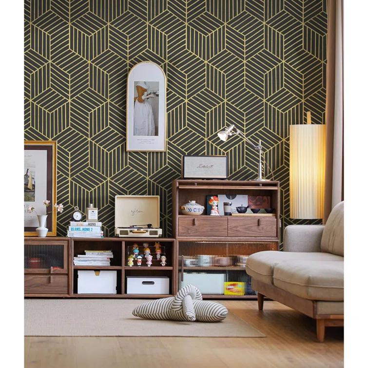 Wallpaper Black And Gold Peel And Stick Wallpaper Geometric Striped Hexagon Wallpaper Removable Self Adhesive Wall Paper Waterproof Vinyl Contact Paper For Cabinets Shelf Drawer 15.7"X78.7"