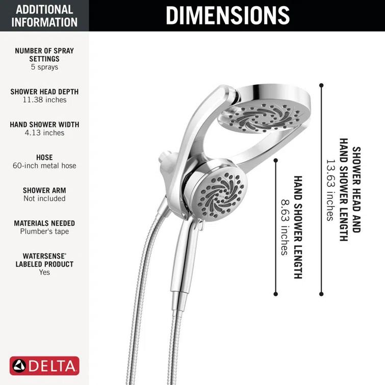 Delta 75419 5-Setting HydroRain 2-in-1 Dual Shower Head with ProClean Spray
