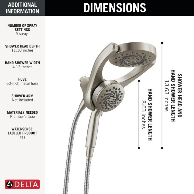 5-Setting HydroRain 2-in-1 Dual Shower Head with ProClean Spray