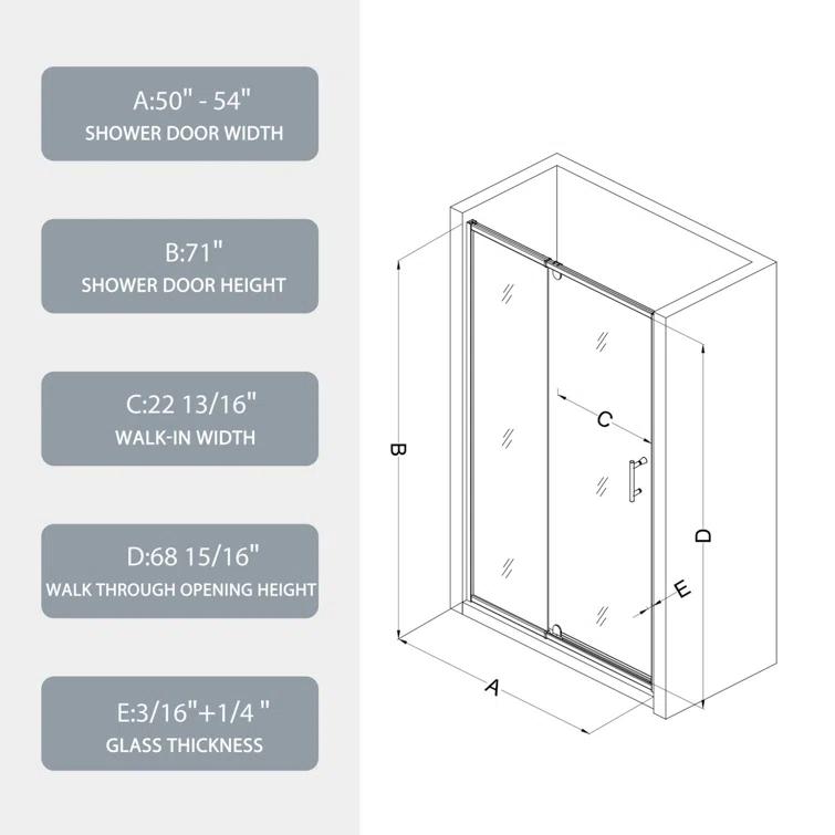 38-42" W x 71" H Flush Glass Shower Door Reversible Installation