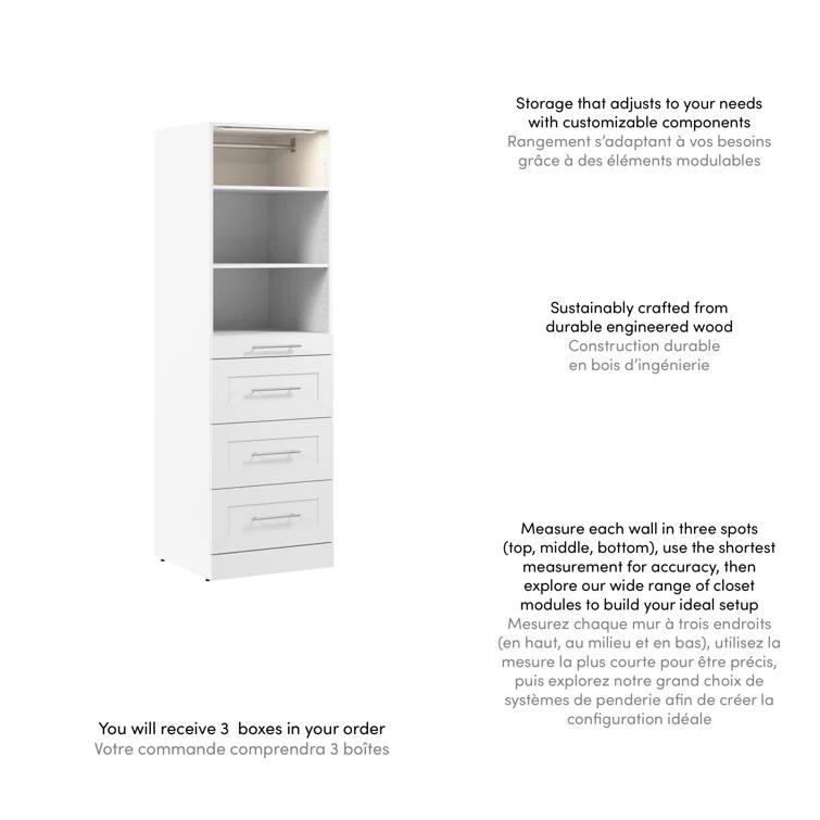 Bestar Florence Modular Walk-In Closet System Tower With LED Light, Shelves And 4 Drawers, Shaker Style
