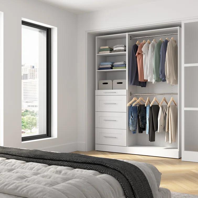 Bestar Florence 61W X 16D Modular Reach-In Or Walk-In Closet System With Rods, Shelves, And Drawers, Shaker Style