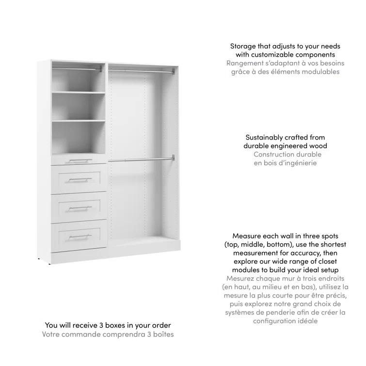 Bestar Florence 61W X 16D Modular Reach-In Or Walk-In Closet System With Rods, Shelves, And Drawers, Shaker Style