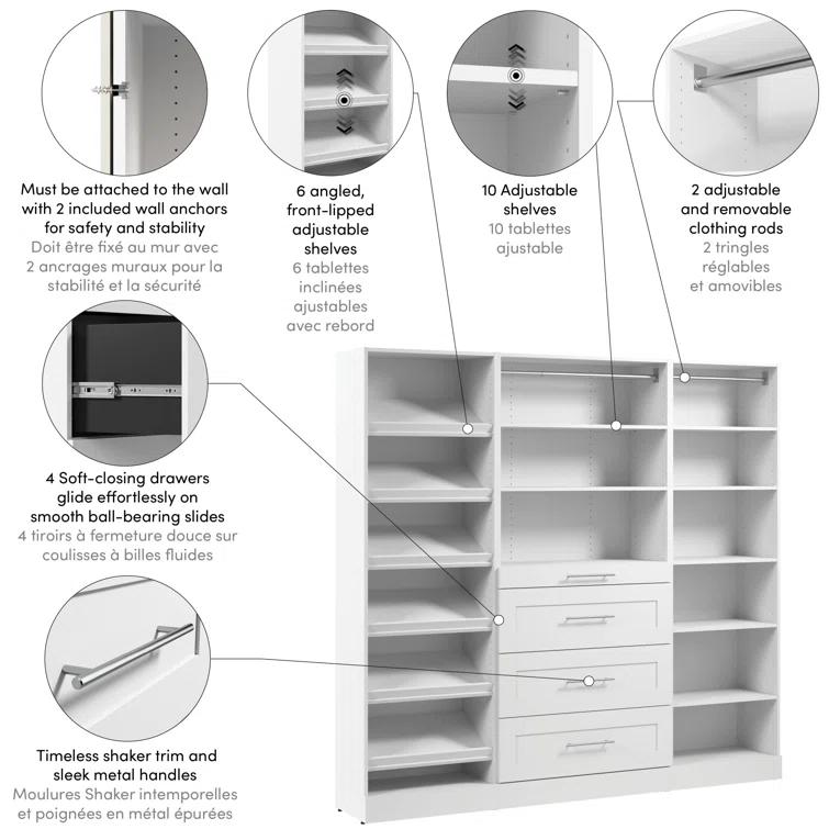 Bestar Florence 85W X 16D Modular Reach-In Or Walk-In Closet System With Drawers And Shoe Shelves, Shaker Style