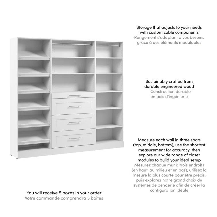 Bestar Florence 85W X 16D Modular Reach-In Or Walk-In Closet System With Drawers And Shoe Shelves, Shaker Style