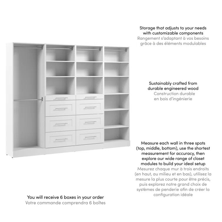 Bestar Florence 100W X 16D Modular Reach-In Or Walk-In Closet System With Rods, Shelves, And Drawers, Shaker Style