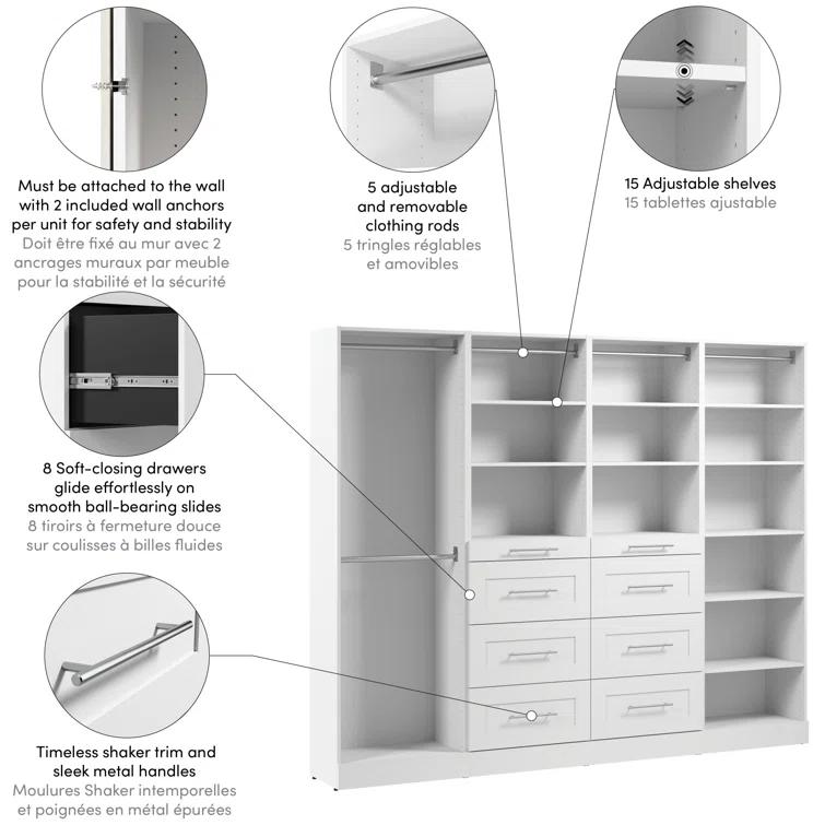 Bestar Florence 100W X 16D Modular Reach-In Or Walk-In Closet System With Rods, Shelves, And Drawers, Shaker Style