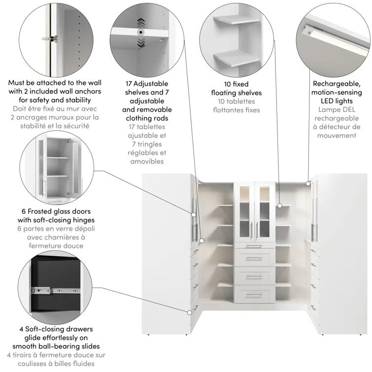 Bestar Florence113w X 61D Modular U Shaped Walk-In Closet System With LED Lights, Rods, Shelves, Drawers, And Doors, Shaker Style