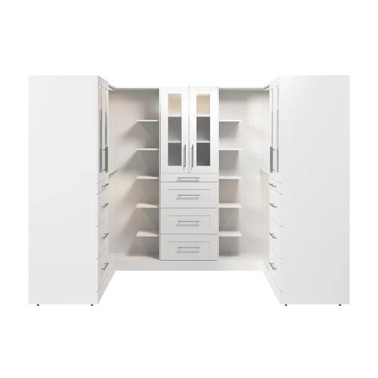 Bestar Florence113w X 61D Modular U Shaped Walk-In Closet System With LED Lights, Rods, Shelves, Drawers, And Doors, Shaker Style