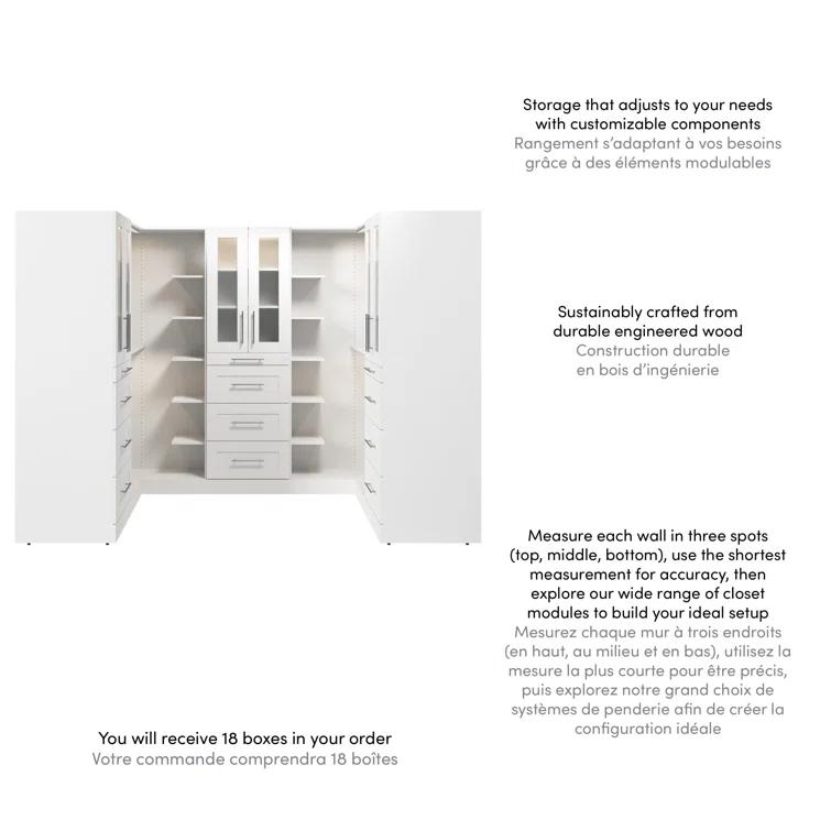 Bestar Florence113w X 61D Modular U Shaped Walk-In Closet System With LED Lights, Rods, Shelves, Drawers, And Doors, Shaker Style