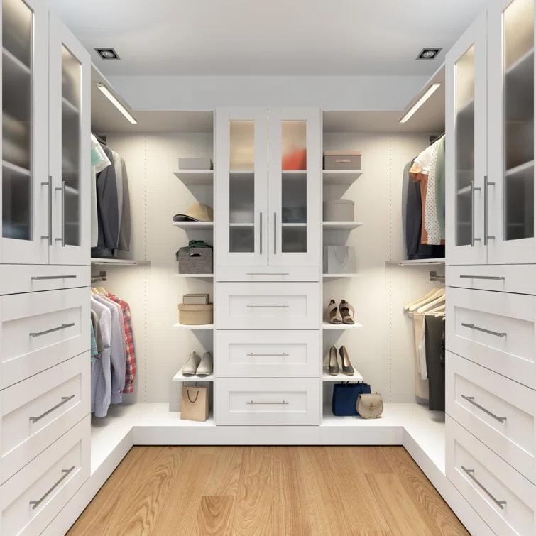Bestar Florence113w X 61D Modular U Shaped Walk-In Closet System With LED Lights, Rods, Shelves, Drawers, And Doors, Shaker Style