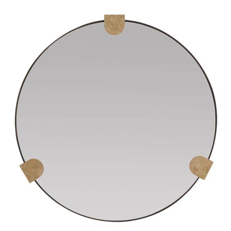 Round Bronze-Plated Steel Wall Mirror with Faux Travertine Resin