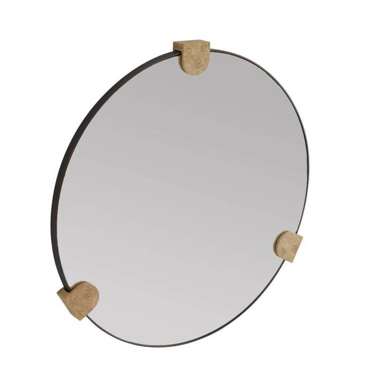 Round Bronze-Plated Steel Wall Mirror with Faux Travertine Resin