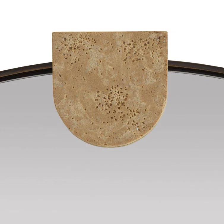 Round Bronze-Plated Steel Wall Mirror with Faux Travertine Resin