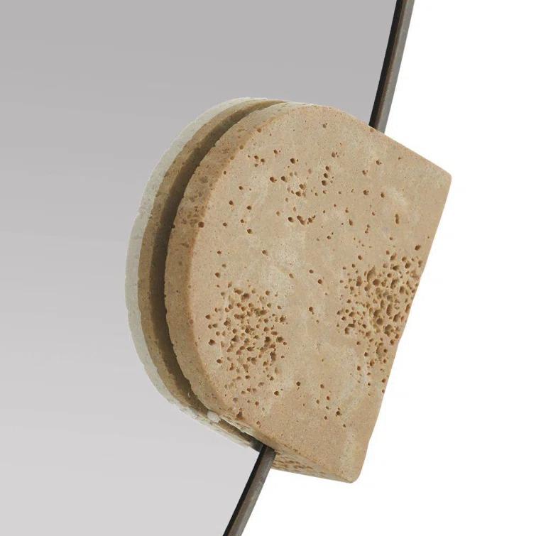 Round Bronze-Plated Steel Wall Mirror with Faux Travertine Resin