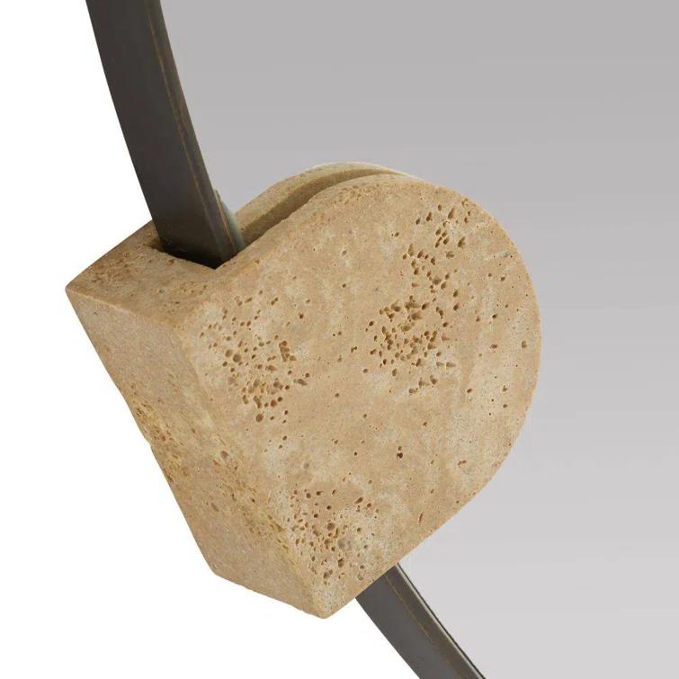 Round Bronze-Plated Steel Wall Mirror with Faux Travertine Resin