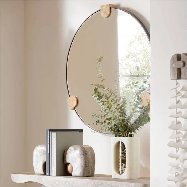 Round Bronze-Plated Steel Wall Mirror with Faux Travertine Resin