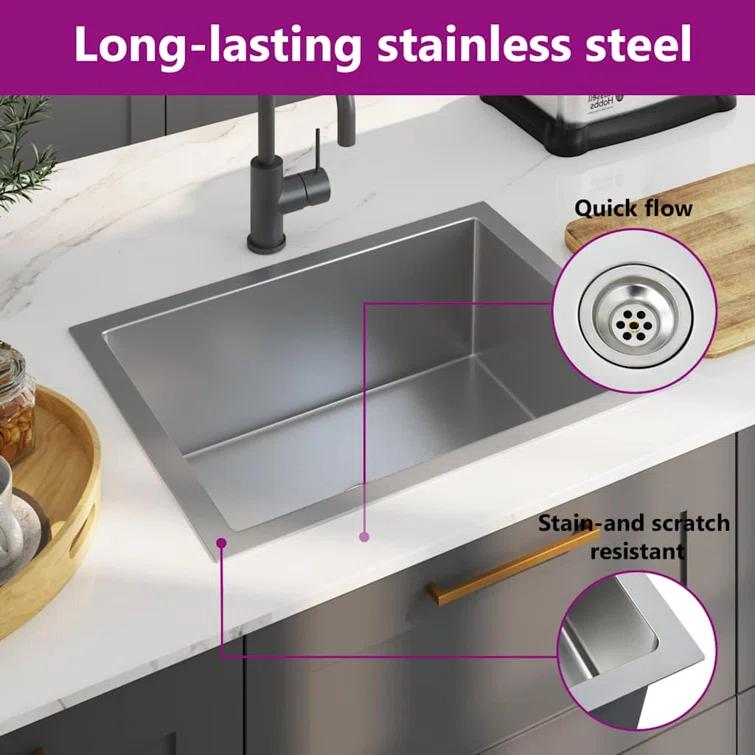 vidaXL Kitchen Sink with Strainer, Stainless Steel Top-Mount Sink, Fast Drainage, Anti-Corrosion
