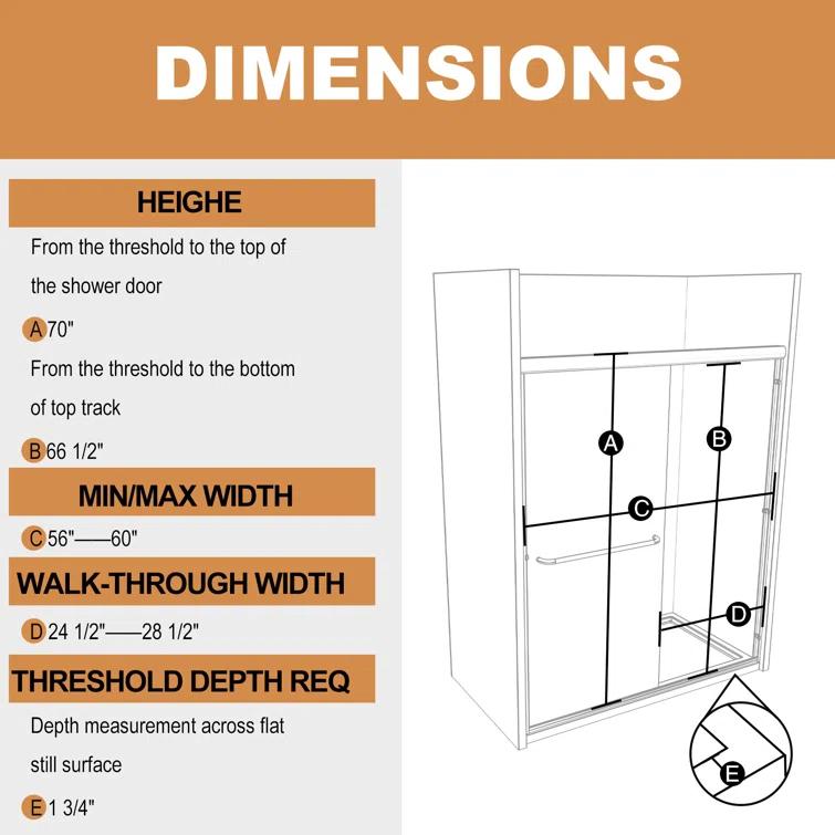 60" W X 70" H Semi- Frameless Double Sliding Bathroom Shower Door With Clear Glass