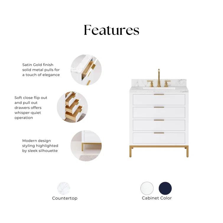 Water Creation Bristol 30" Wood Single Bathroom Vanity in Pure White/Gold