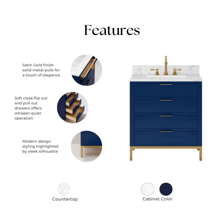 Bristol 30 in. W x 21.5 in. D Vanity in Monarch Blue with Marble Top in White with White Basin