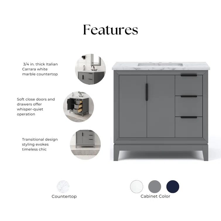 Elizabeth Collection 36 in. Bath Vanity in Cashmere Grey With Vanity Top in Carrara White Marble - With Mirror(s)