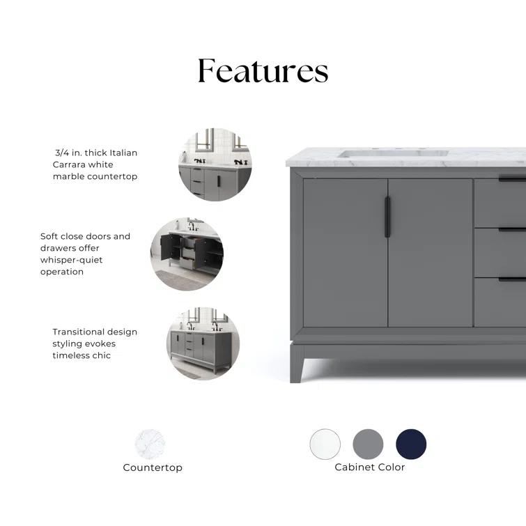 Elizabeth 72" Cashmere Grey Double Sink Freestanding Bathroom Vanity with Marble Top