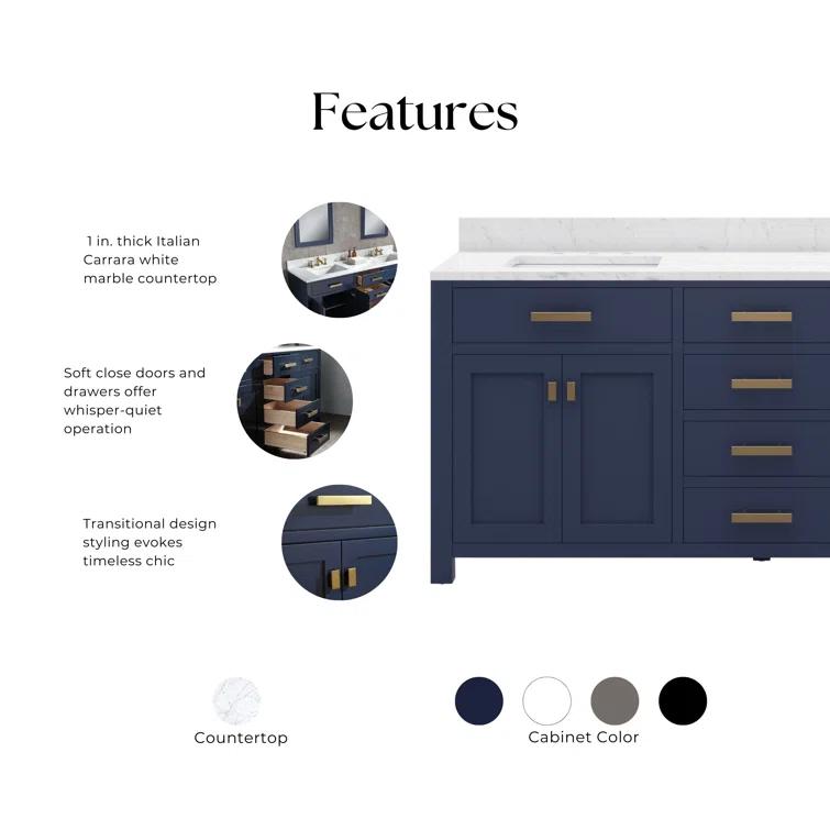 Madison 72" Monarch Blue Double Sink Vanity with Marble Top