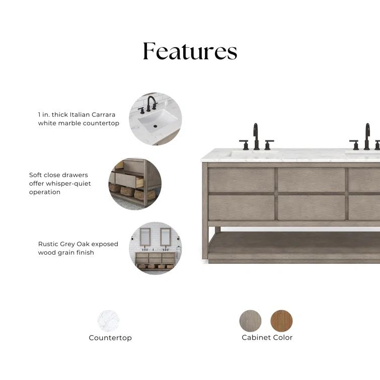72'' Grey Oak Double Sink Vanity with Carrara Marble Countertop