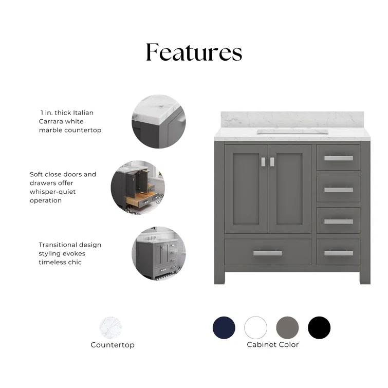 Madison 36 in. W x 21.5 in. D x 34 in. H Single Sink Bath Vanity in Cashmere Grey with Carrara White Marble Top